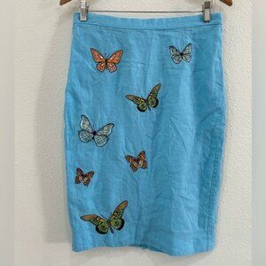 Fanm Mon Linen Embroidered Midi Skirt Butterfly 90’s Contemporary Boho Blue
